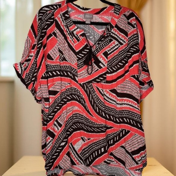 Chico's tunic top, Boho pattern,hot pink & black, long tassel tie on front SZ 16 - Picture 1 of 2